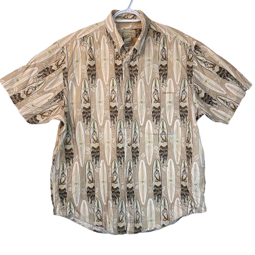 Crossings Women on Surfboard Cotton Short Sleeved Hawaiian Shirt Size Me…
